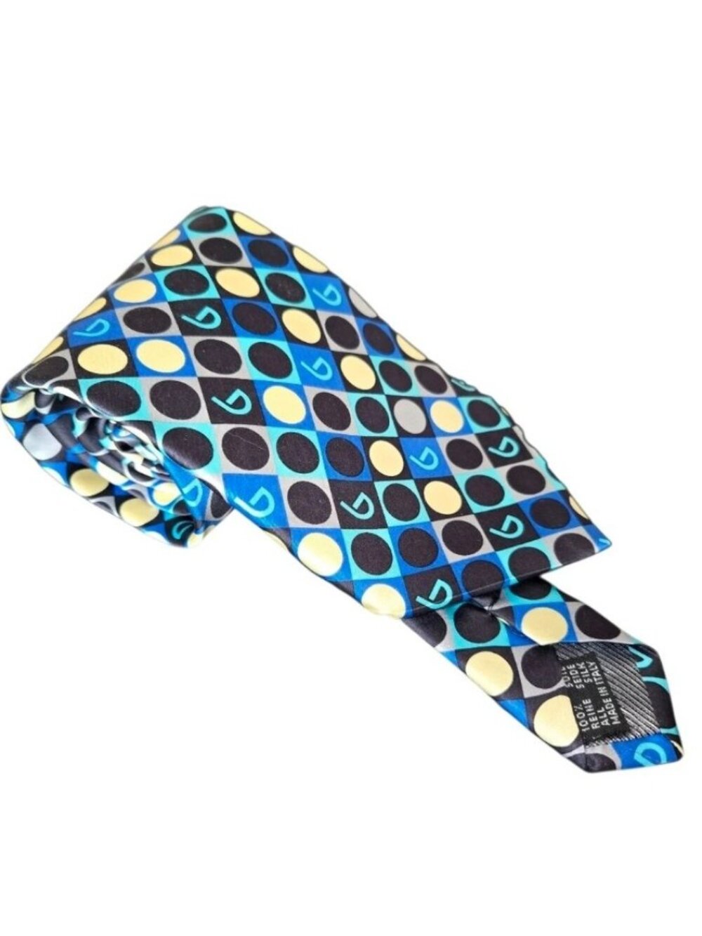 Byblos Men's 100% Silk Tie Made in Italy Blue Yellow Polka Dot Geometric Pattern